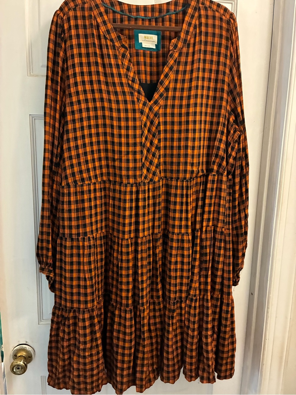 Maeve Anthropologie Orange and Black Plaid Tiered Long-Sleeve Midi Dress